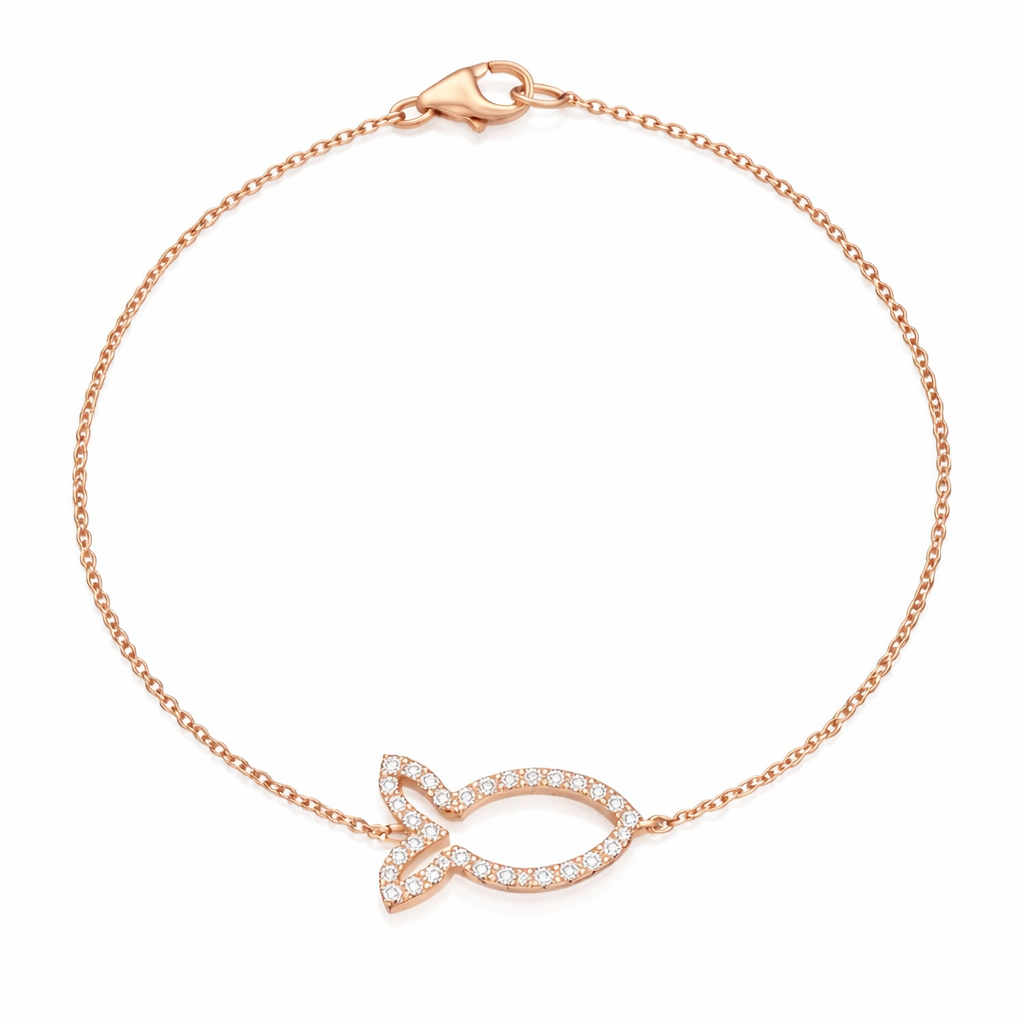 Rose gold bracelet with a fish-shaped clasp on a white background