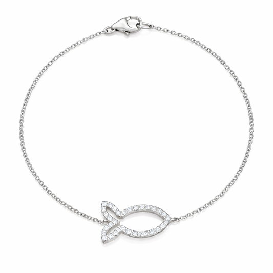 Silver bracelet with a fish-shaped clasp on a white background