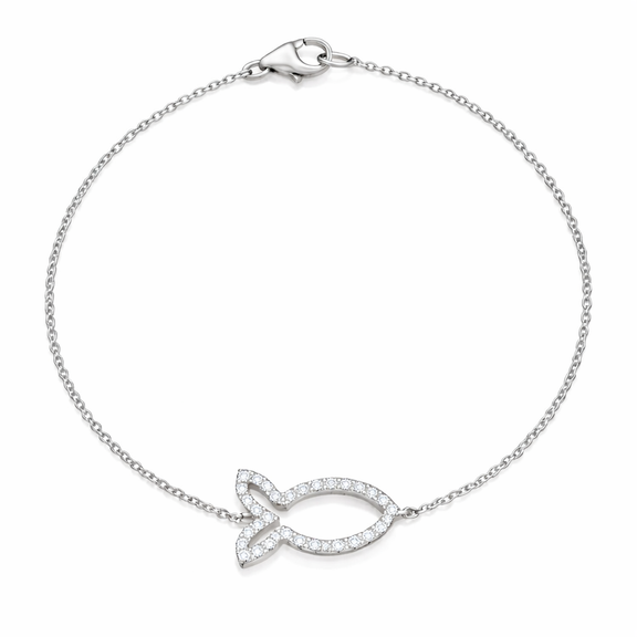 Silver bracelet with a fish-shaped clasp on a white background