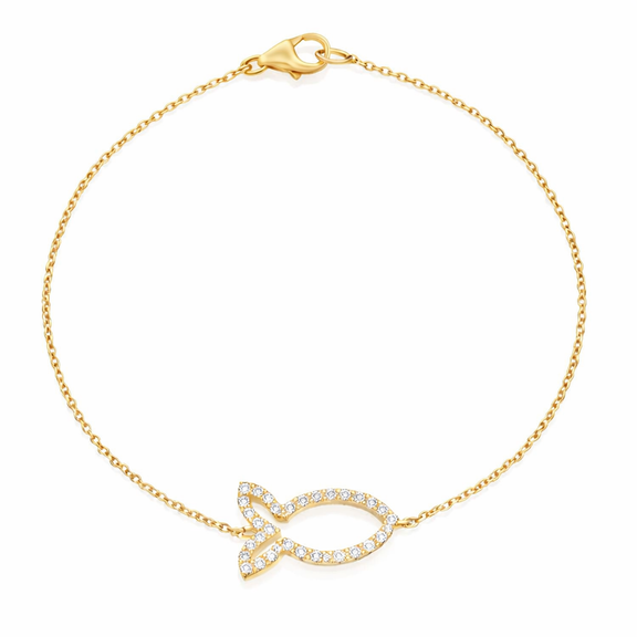 Gold bracelet with fish-shaped charm on a yellow background