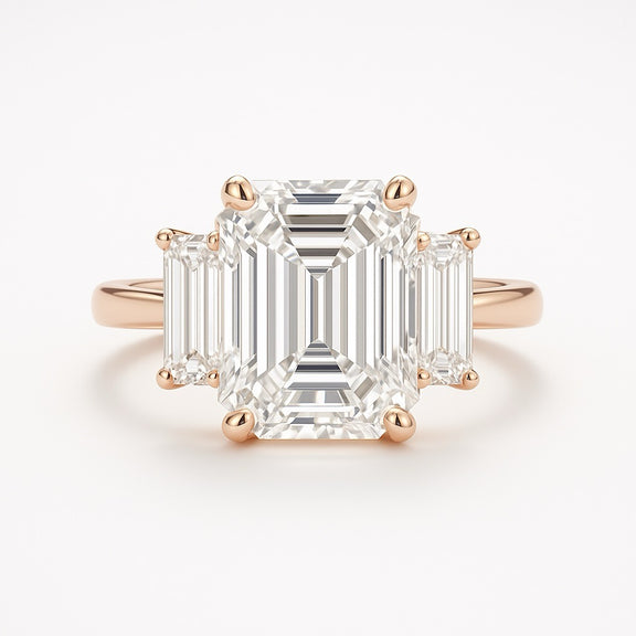 Rose gold ring with emerald-cut diamonds on a white background