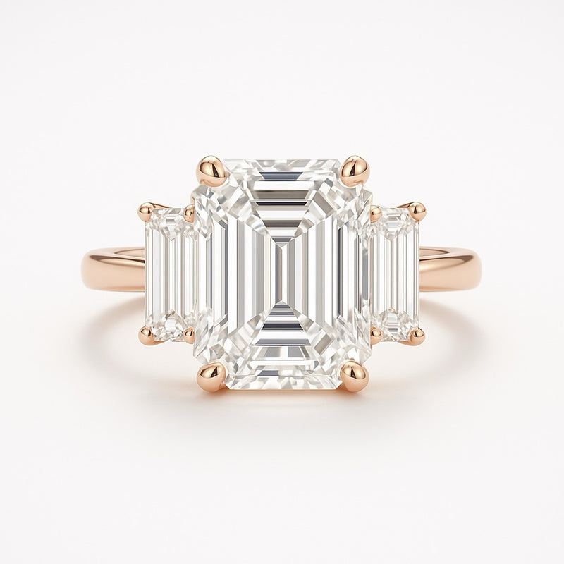 Rose gold ring with emerald-cut diamonds on a white background