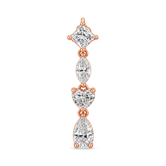 A vertical drop earring featuring a princess cut diamond at the top, followed by marquise, heart, and pear-cut diamonds in a rose gold setting, shown on a plain white background.