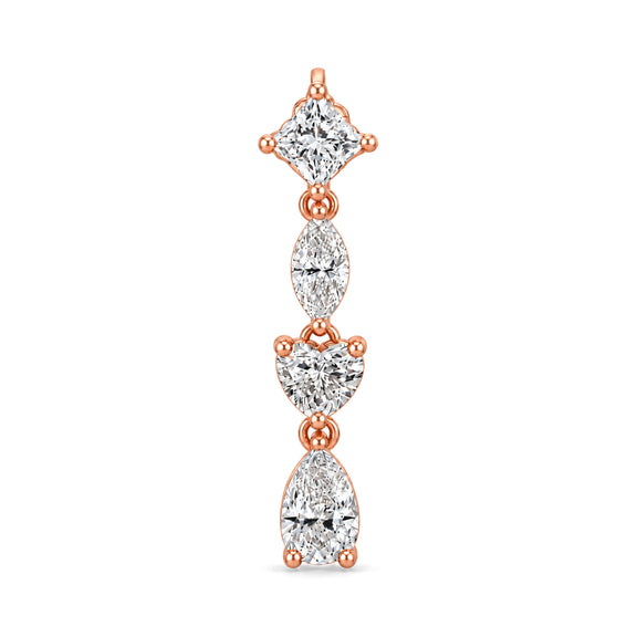 A vertical drop earring featuring a princess cut diamond at the top, followed by marquise, heart, and pear-cut diamonds in a rose gold setting, shown on a plain white background.