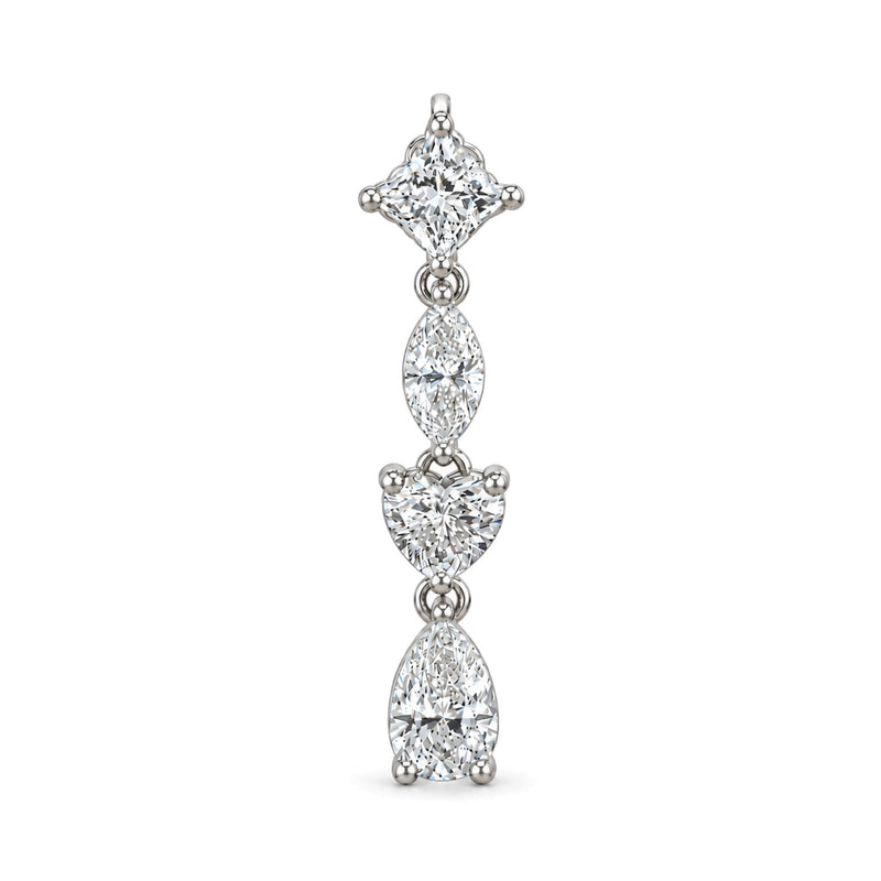 A vertical drop earring featuring a princess cut diamond at the top, followed by marquise, heart, and pear-cut diamonds in a white gold setting, shown on a plain white background.