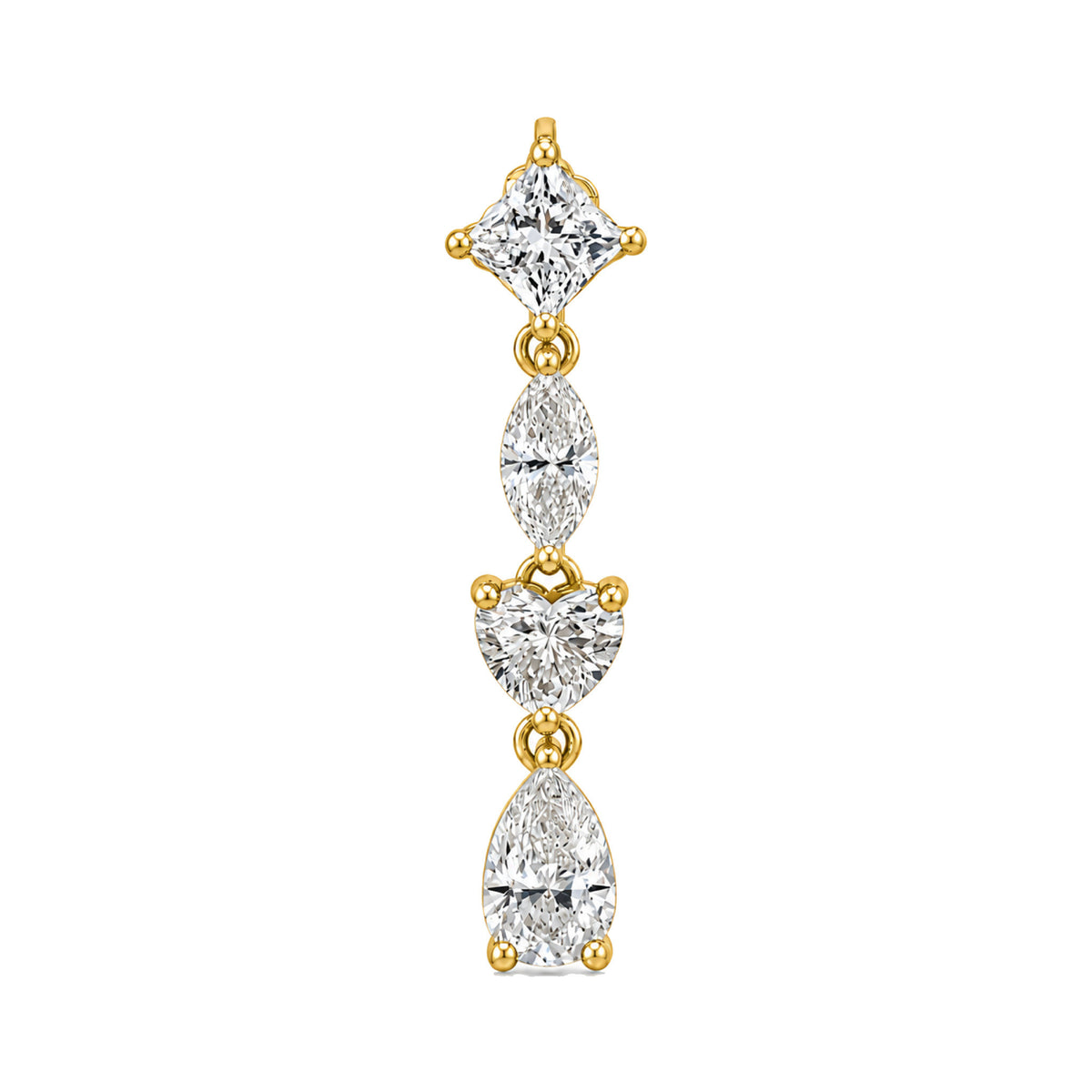 A vertical drop earring featuring a princess cut diamond at the top, followed by marquise, heart, and pear-cut diamonds in a yellow gold setting, shown on a plain white background.