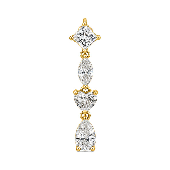 A vertical drop earring featuring a princess cut diamond at the top, followed by marquise, heart, and pear-cut diamonds in a yellow gold setting, shown on a plain white background.
