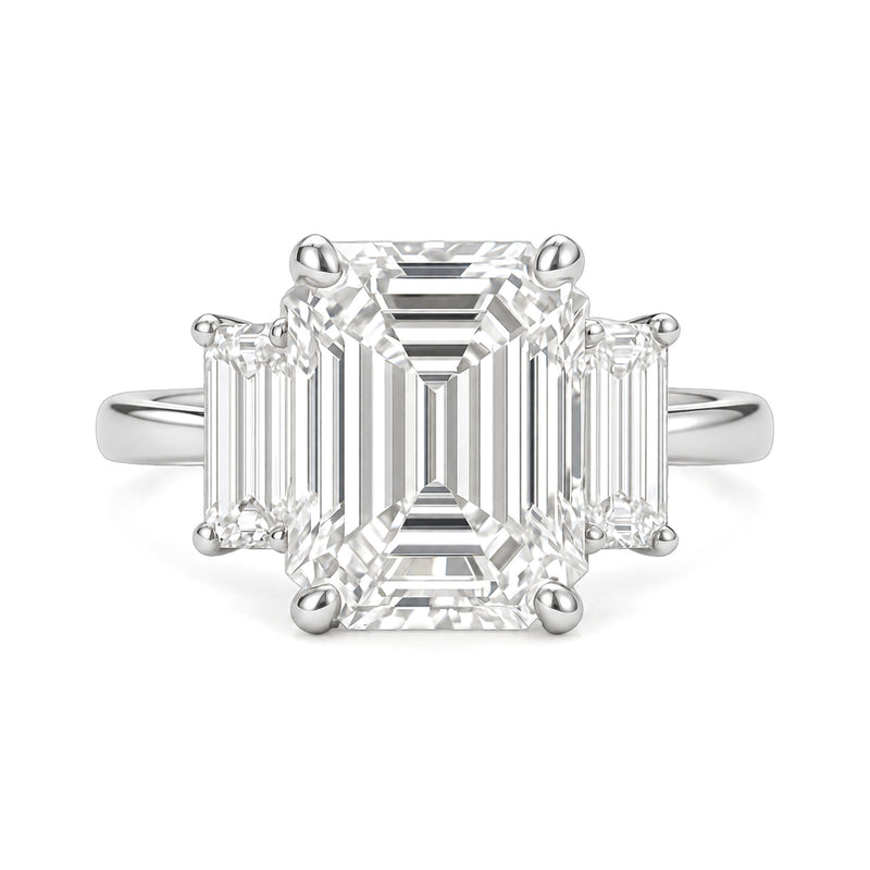Ella Ring Lab Diamond white gold emerald-cut three-stone ring on a white background