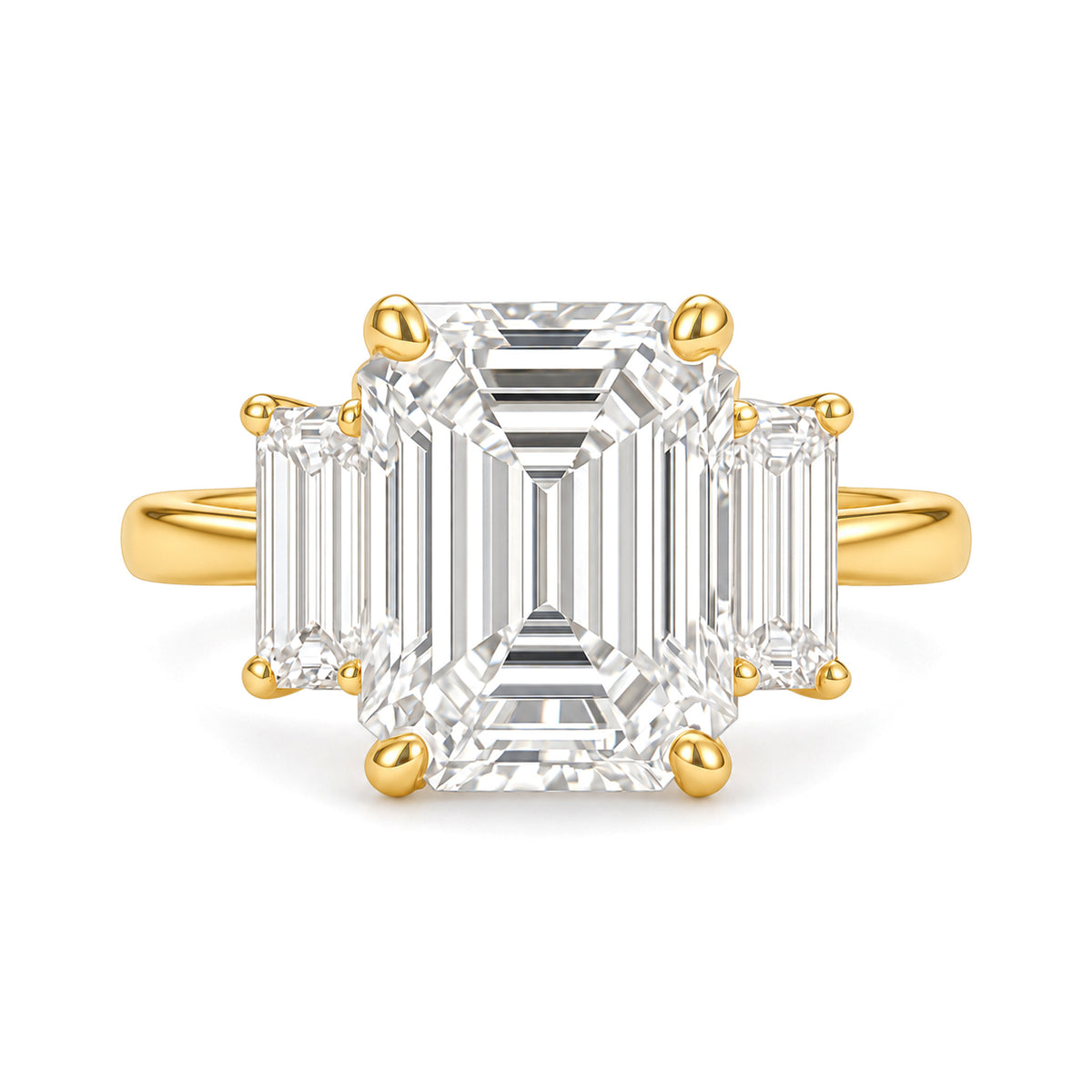 Ella Ring Lab Diamond yellow gold emerald-cut three-stone ring on a white background